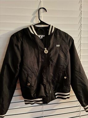 DKNY Black Bomber Jacket with White Stripe Trim